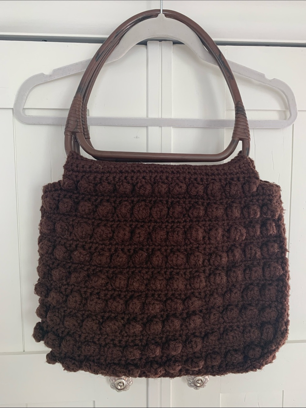 1970’s Hand-Knit Brown Wool Bag Purse with Wood Handles - Mint Vintage Condition